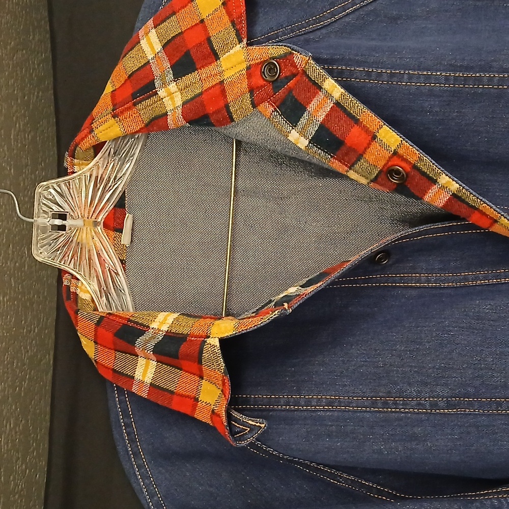 Womans Blue Denim Chore Jacket with Plaid Accents Sz Large - Picture 3 of 7